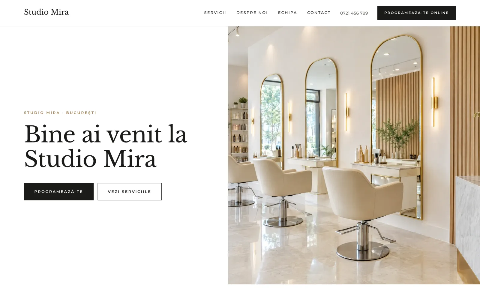 Exemplu de site făcut în Tonica pentru un salon de coafură, cu tema Luxury.