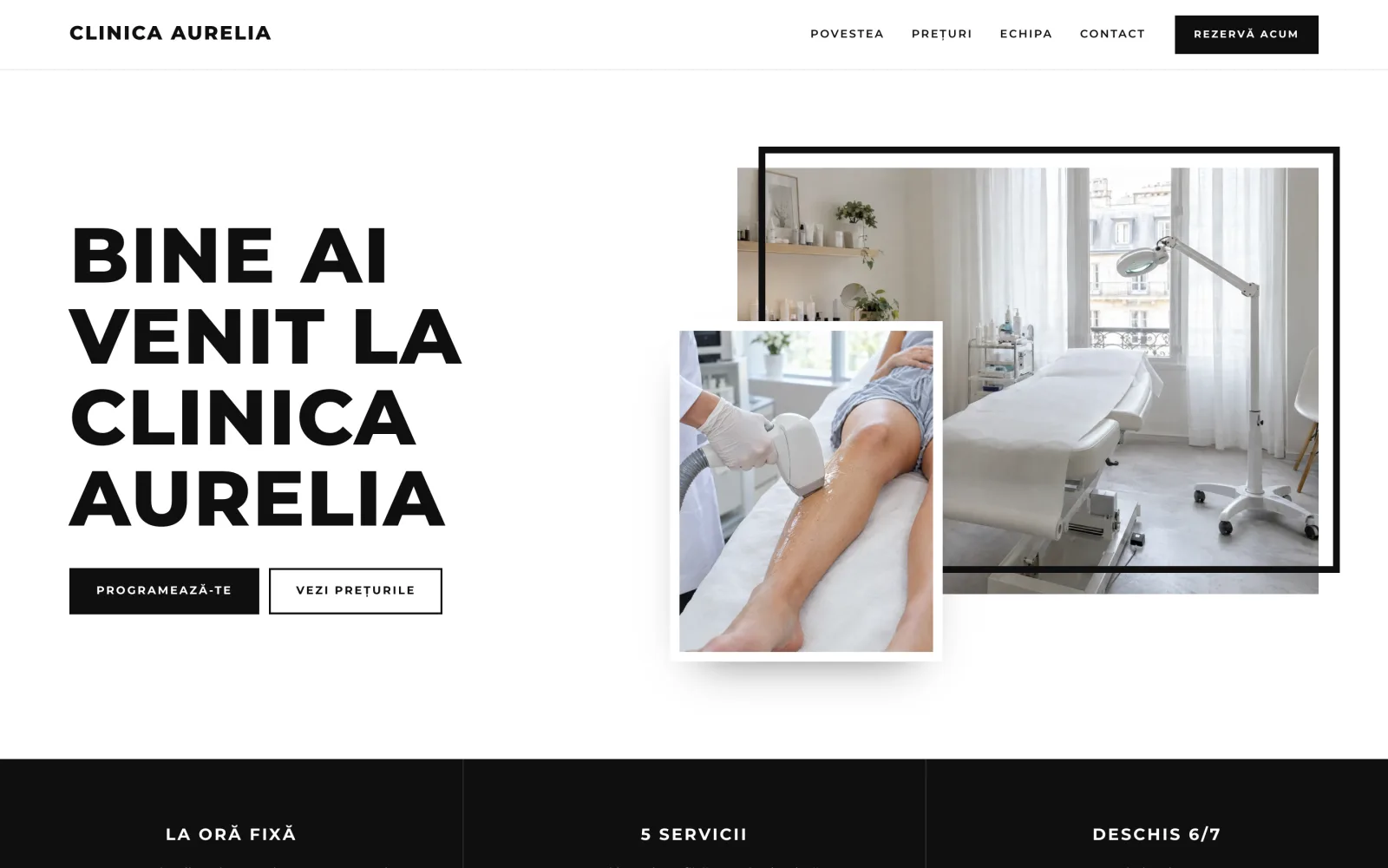 Exemplu de site făcut în Tonica pentru o clinică estetică, cu tema Editorial.